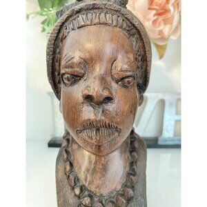 Vintage 1960s Tribal Hand Carved African Female Exotic Wood 7.5" Head Bust Stump